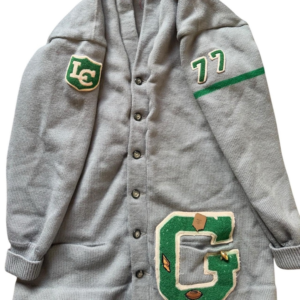 Albion Gray and Green Varsity Cardigan Sweater